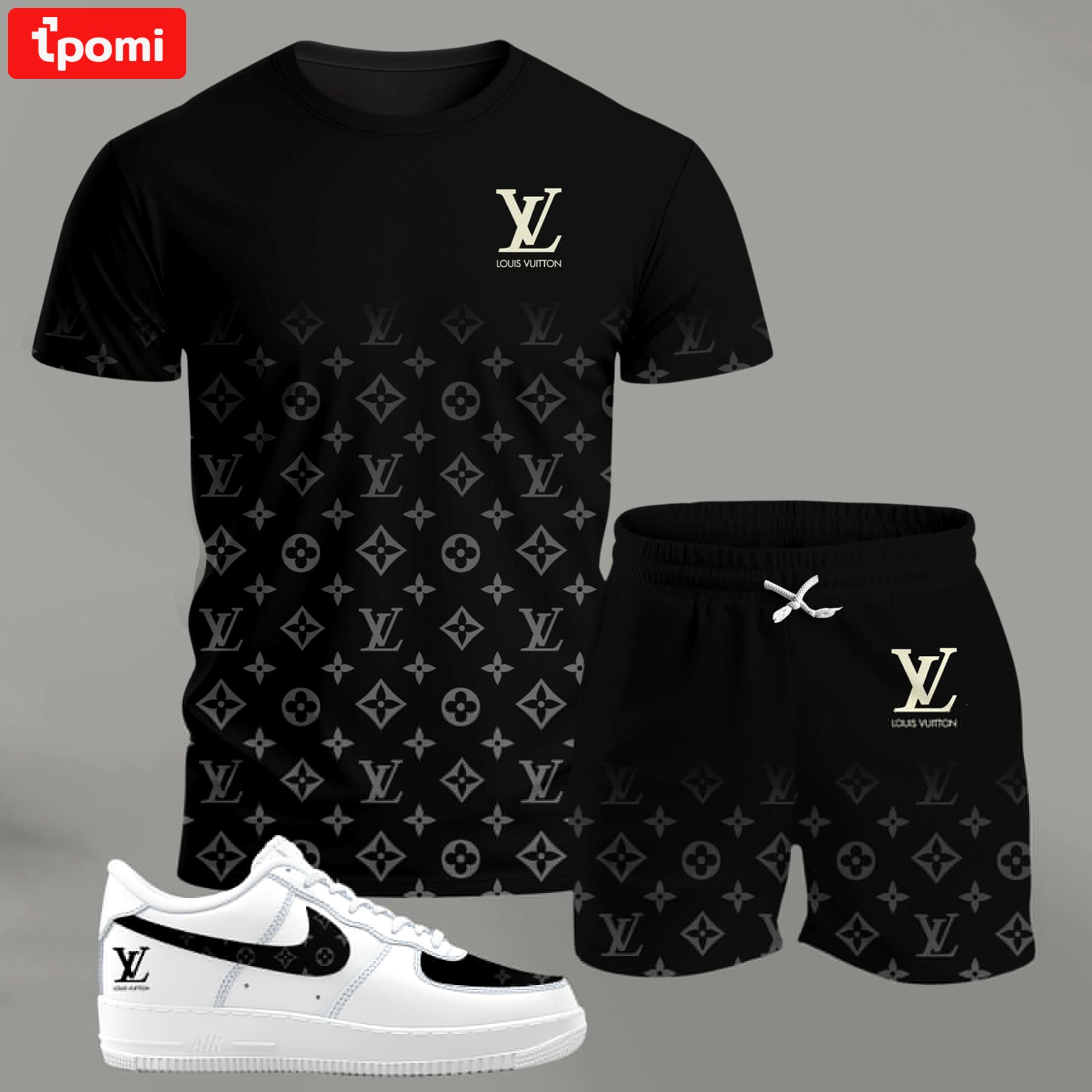 Black gradient monogram set for men, minimal luxury t-shirt and shorts combo with clean contrast sneakers T-Shirt Short Sneakers Set