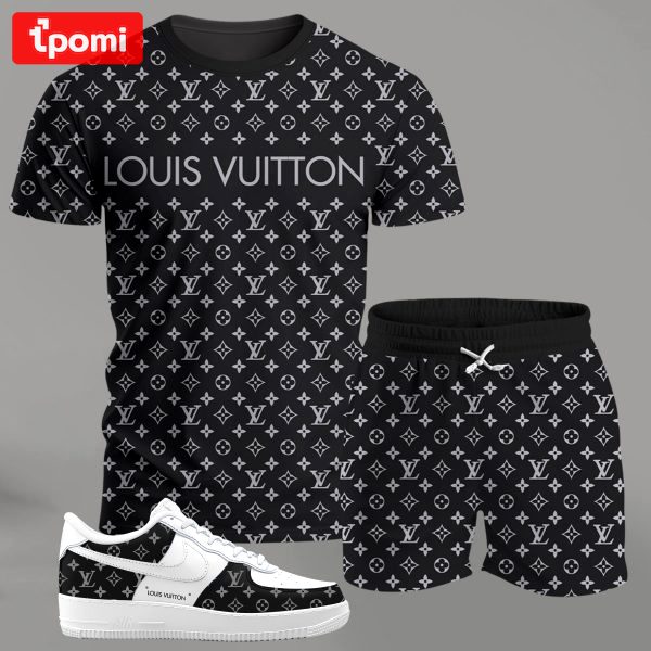 Black monogram streetwear set for men, all-over pattern t-shirt and shorts combo with white sneakers T-Shirt Short Sneakers Set