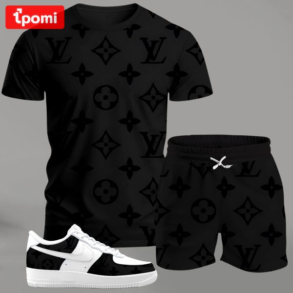 Black monogram streetwear set for men, minimalist all-over pattern t-shirt and shorts combo with white sneakers T-Shirt Short Sneakers Set