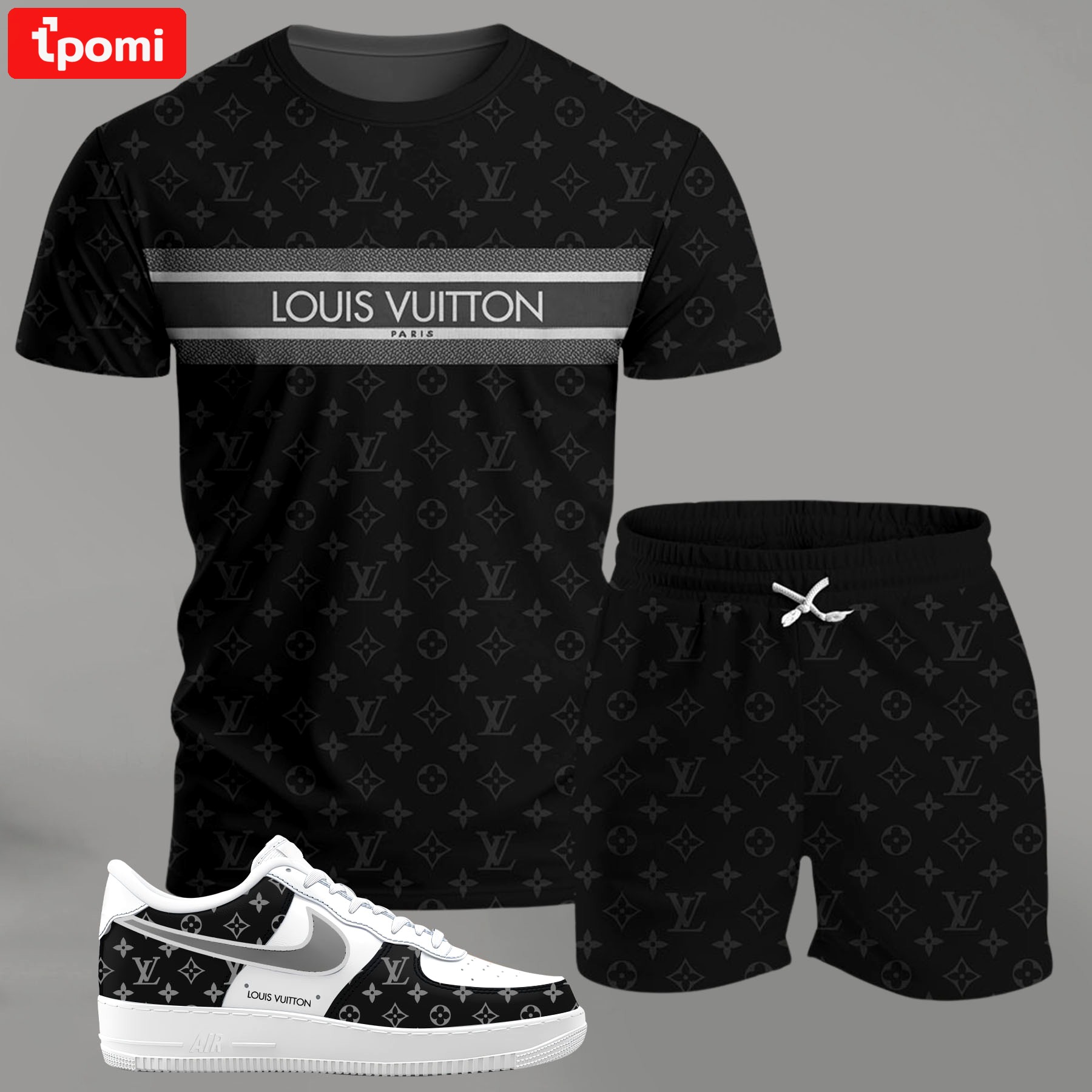 Black monogram stripe set for men, minimal patterned t-shirt and shorts combo with clean contrast sneakers T-Shirt Short Sneakers Set