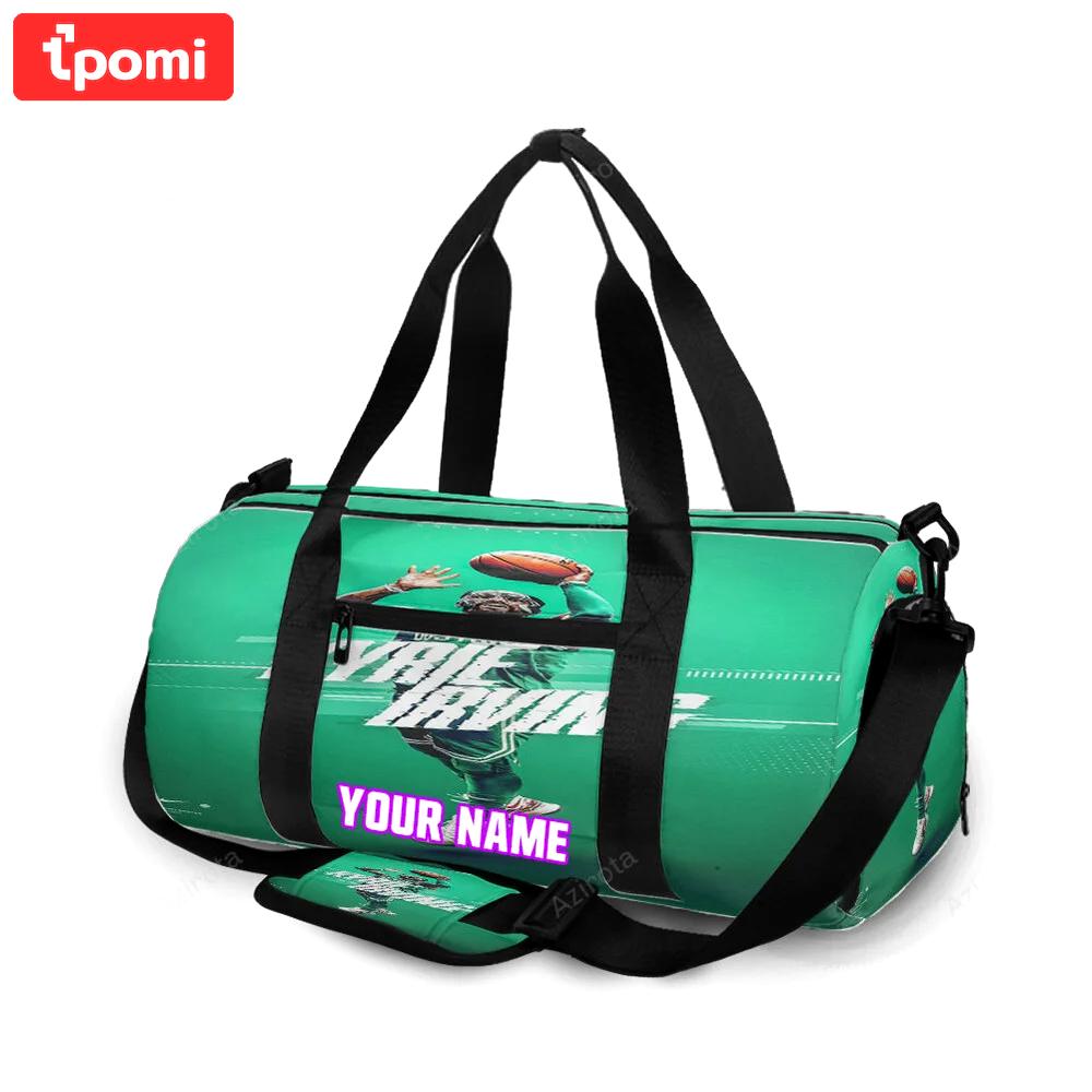 Boston celtics kyrie irving throwing green personalized name travel bag gym bag 129 Travel Bag