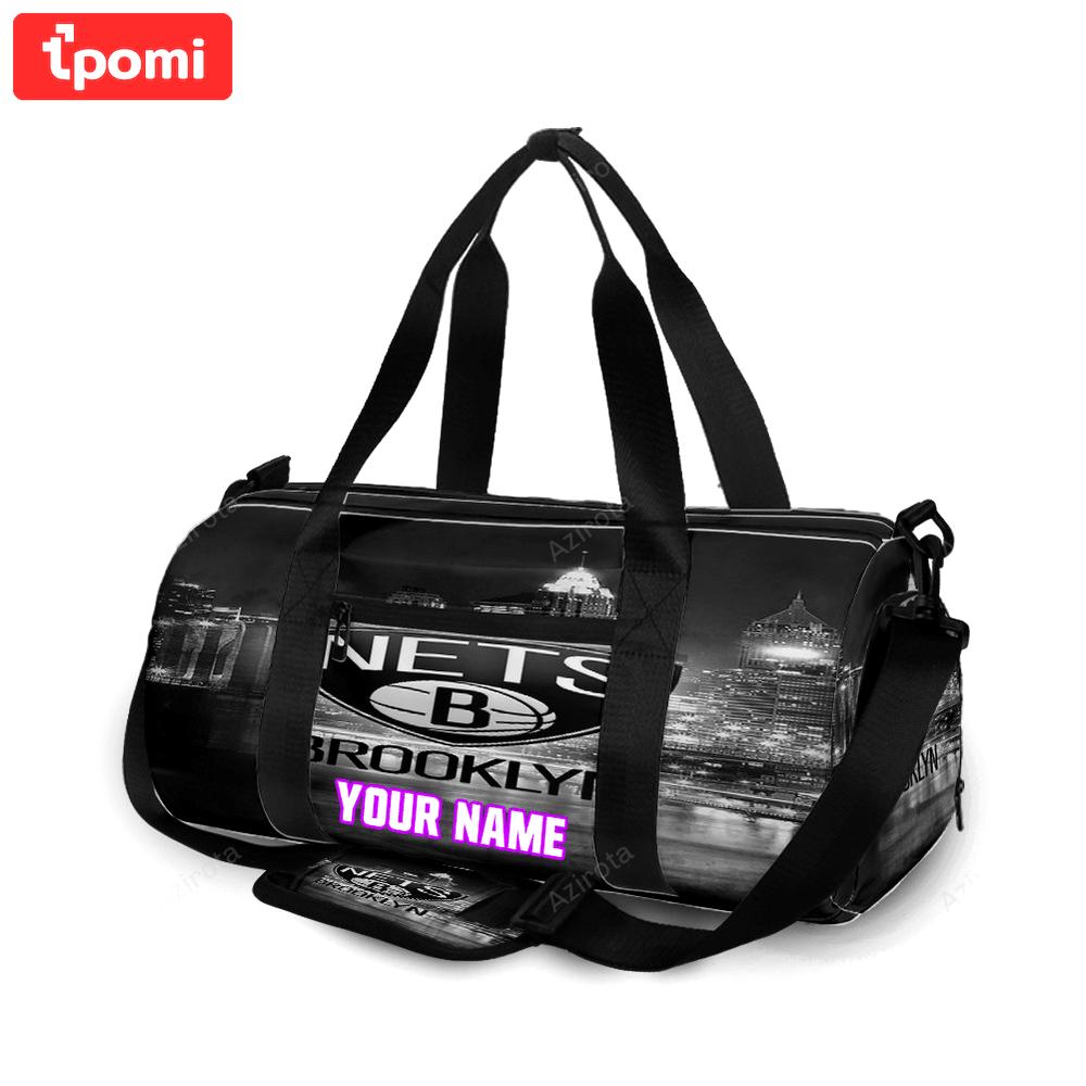 Brooklyn nets black white city personalized name travel bag gym bag 385 Travel Bag