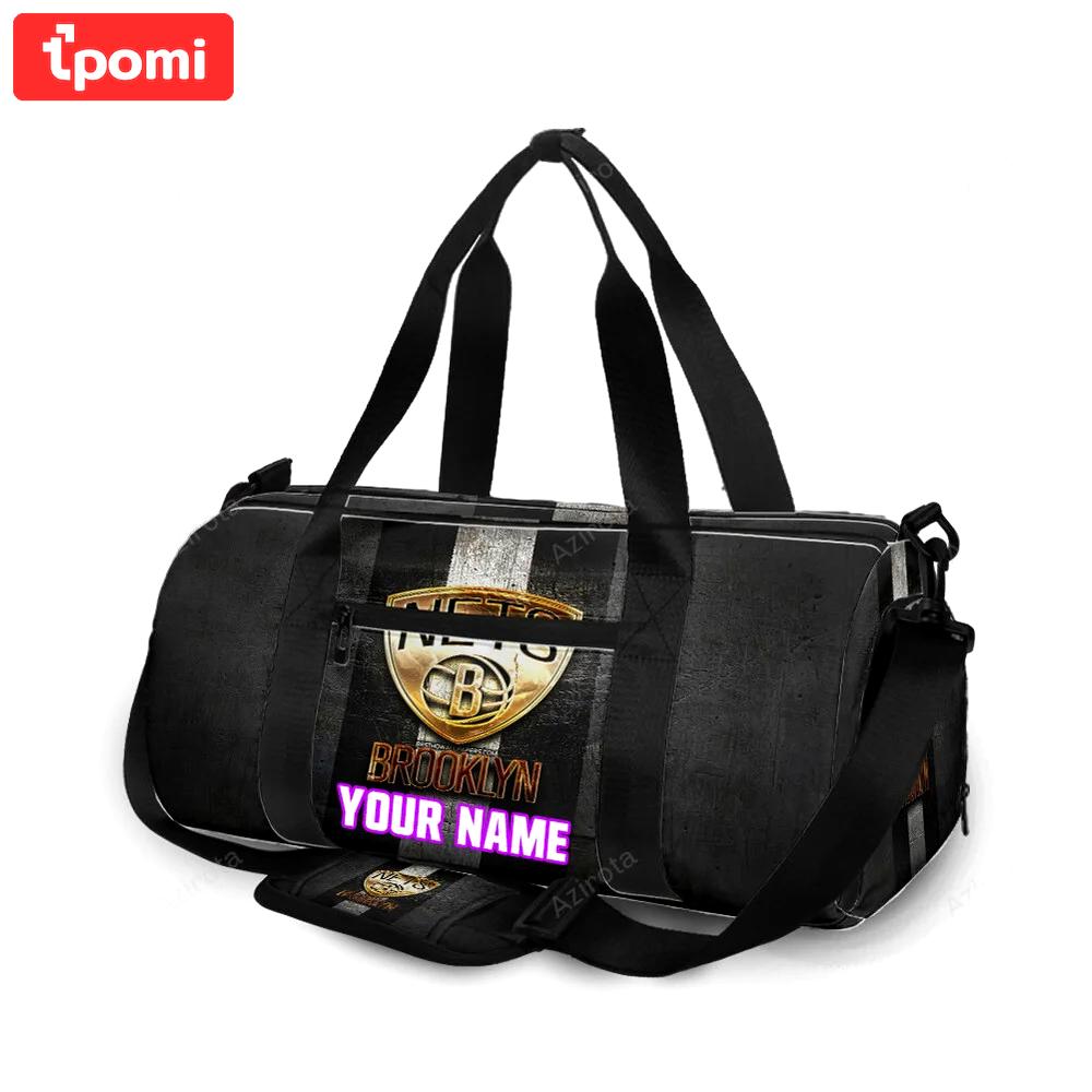 Brooklyn nets golden ball black white stripped personalized name travel bag gym bag 2078 Travel Bag