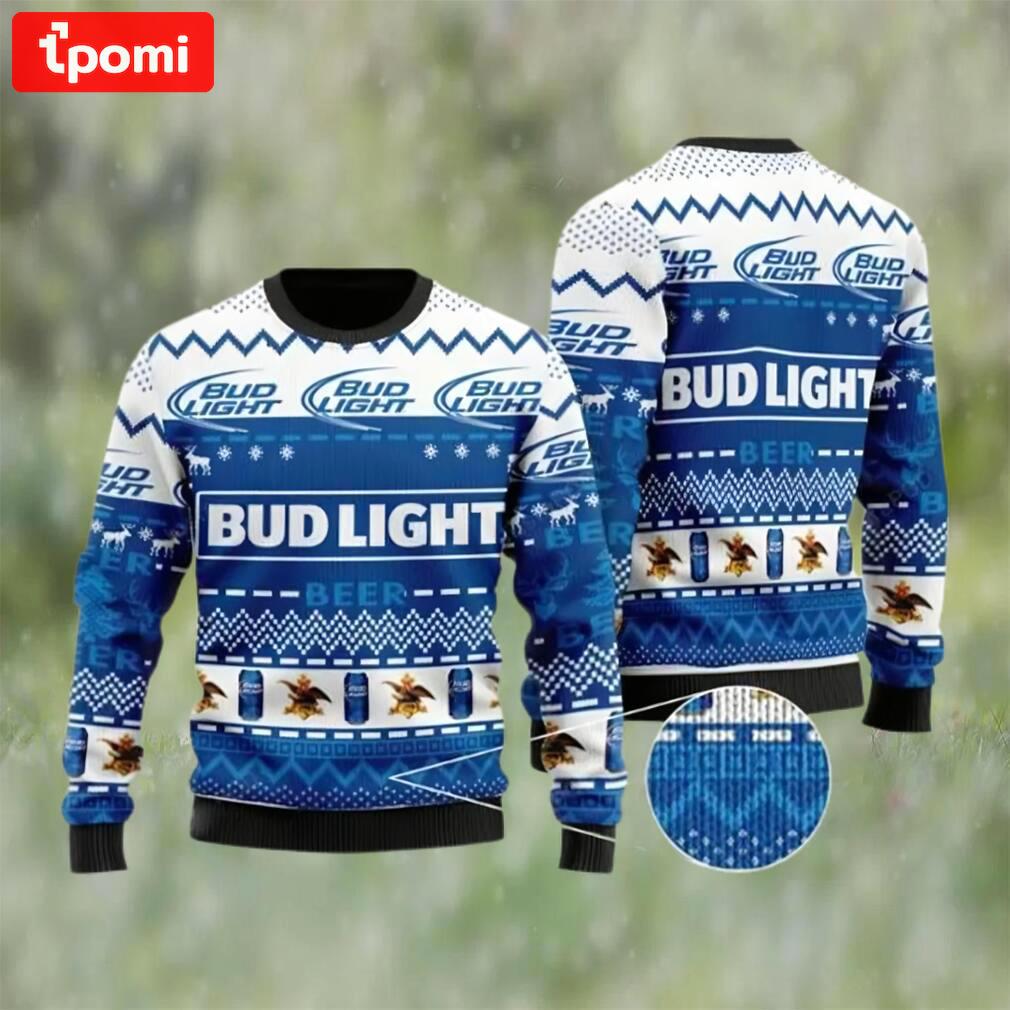 Bud light beer white blue color ugly christmas sweater, faux wool sweater, international beer day, gifts for beer lovers, best christmas gifts for 2022 ? prinvity Christmas Ugly Sweater