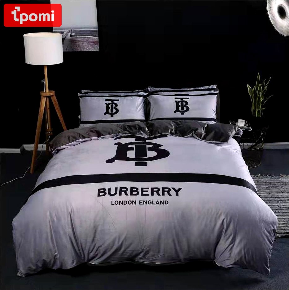 Burberry grey luxury logo fashion brand premium bedding sets, bedroom decor , thanksgiving decorations for home Bedding Sets