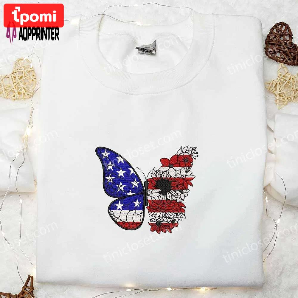 Celebrate independence day with butterfly x america flag embroidered shirt – perfect national day gift Embroidered Shirt