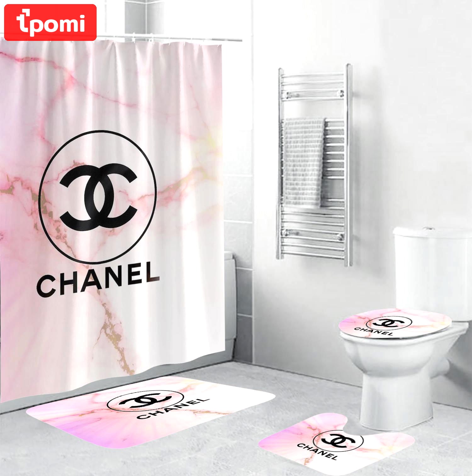 Chanel black logo in pink pastel marble background bathroom set accessories Bathroom Set