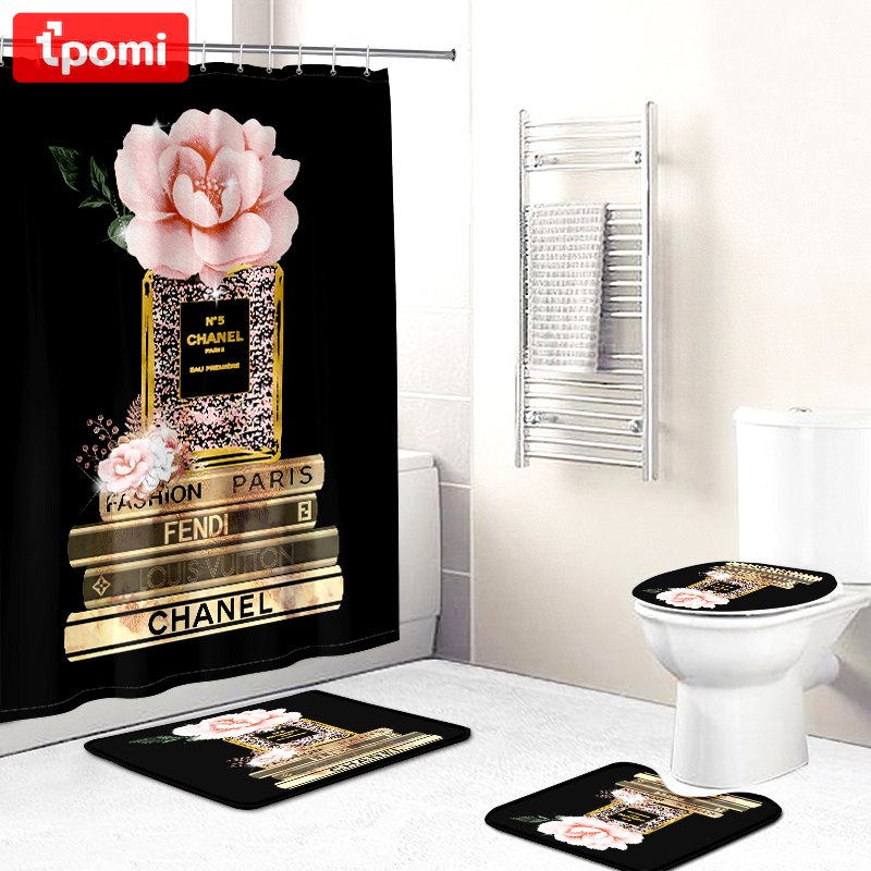 Chanel fendi louis vuitton paris logo type 739 Bathroom Accessory Sets Toilet Cover Bath Mat Set Luxury Fashion Brand Pedestal Rug Hypebeast Bathroom Bathroom Sets Waterproof Shower Curtain Home Decor