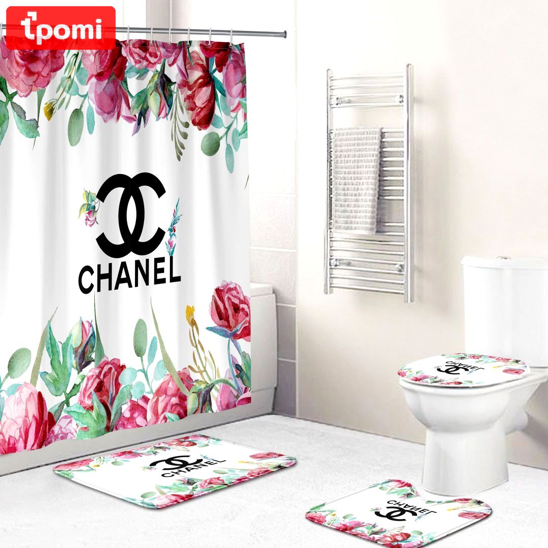 Chanel flowers set 2 shower curtain luxury bathroom mat set hot 2023 21 Bathroom Accessory Sets