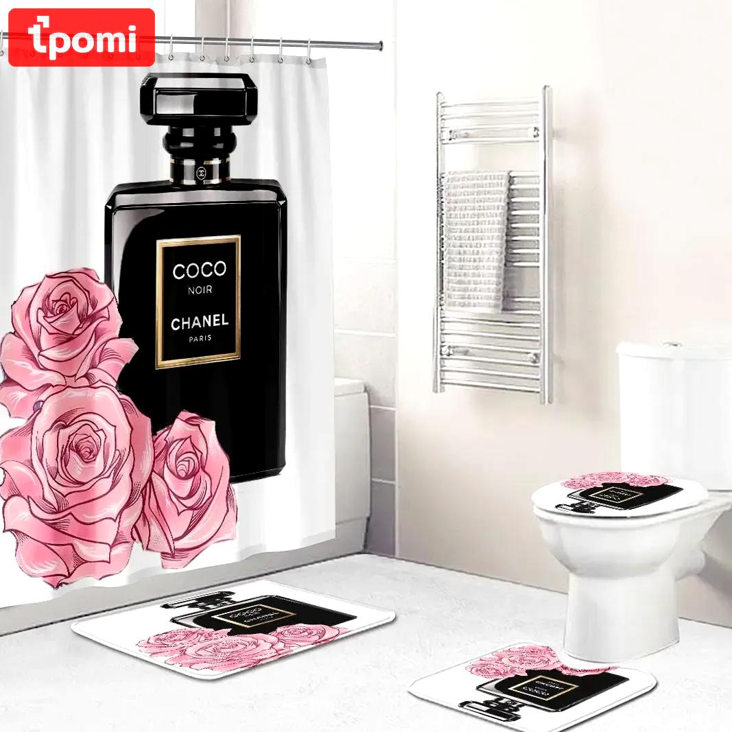 Chanel logo type 559 Bathroom Accessory Sets Bathroom Sets Toilet Cover Bath Mat Set Home Decor Hypebeast Bathroom Waterproof Shower Curtain Pedestal Rug Luxury Fashion Brand