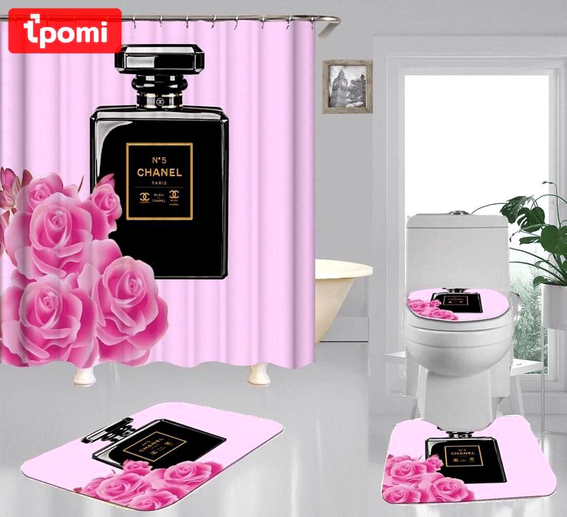 Chanel perfume logo type 2001 Bathroom Accessory Sets Toilet Cover Bathroom Sets Waterproof Shower Curtain Bath Mat Set Pedestal Rug Luxury Fashion Brand Hypebeast Bathroom Home Decor