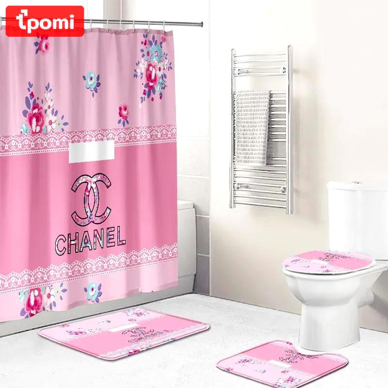 Chanel pink and flowers bathroom set hypebeast luxury fashion brand home decor bath mat Bathroom Set