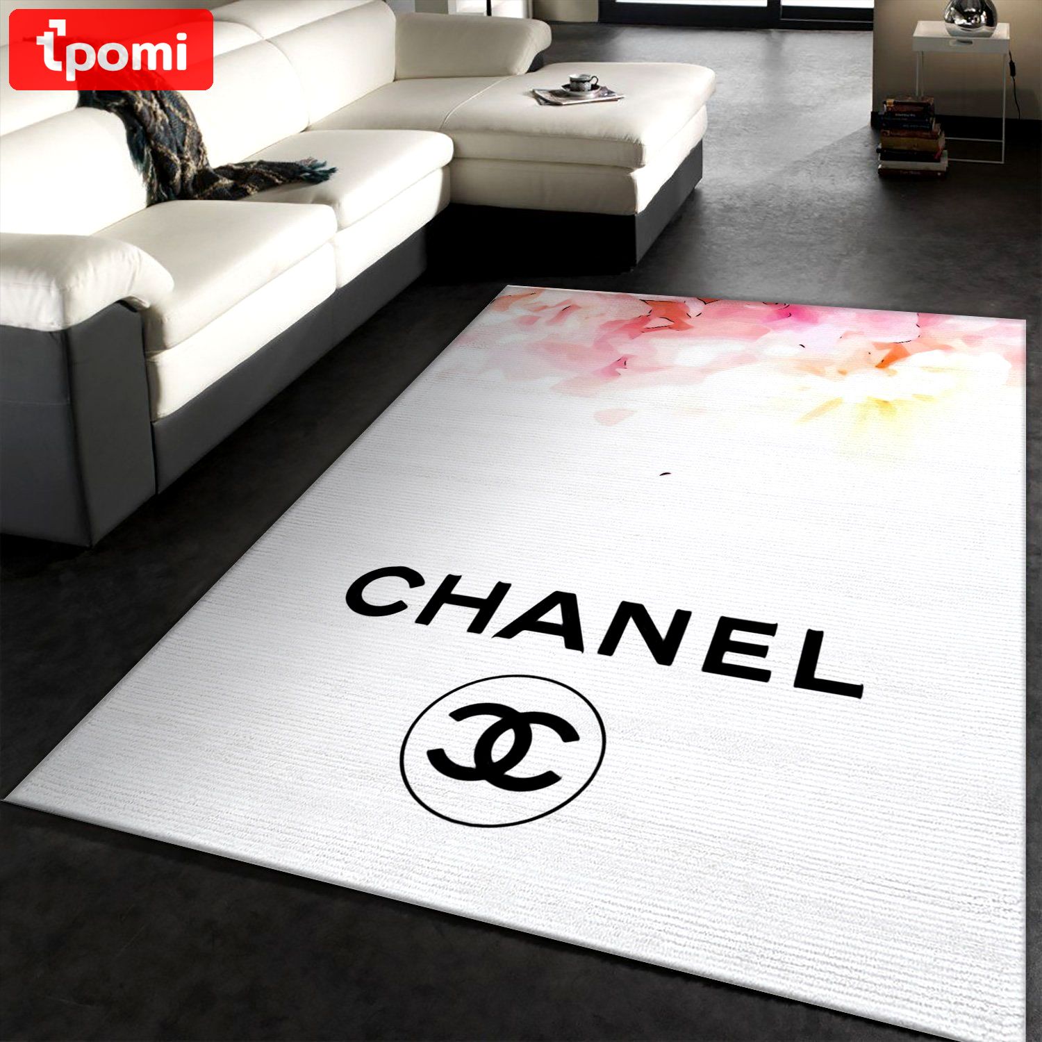 Chanel white logo type 568. Upgrade Your Living Room with Luxury Home Decor: Area Carpets, Floor Decor, Door Mats, and Hot Gift Items with style a High-End Fashion Brand Rectangle Rug