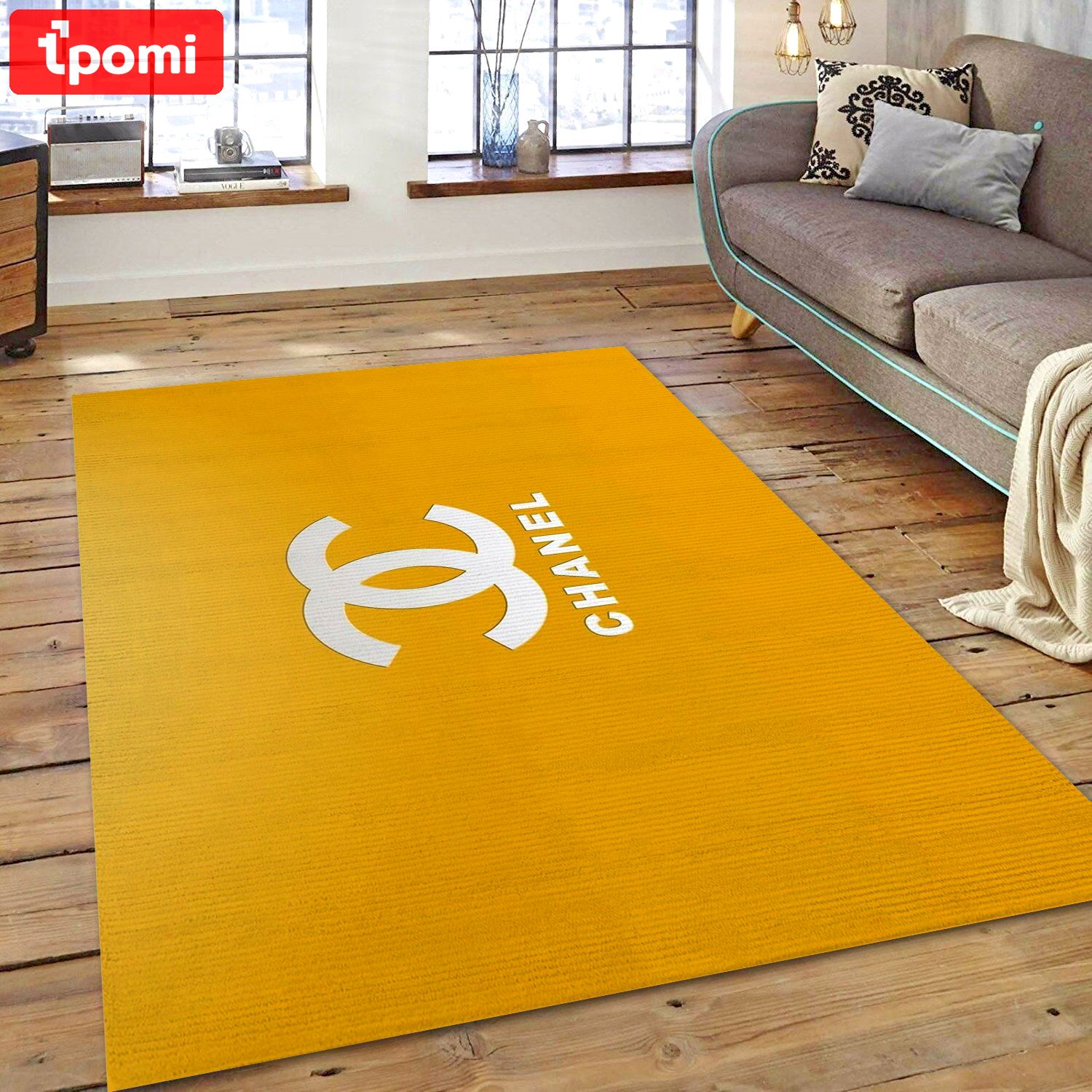 Chanel yellow logo type 565. Upgrade Your Living Room with Luxury Home Decor: Area Carpets, Floor Decor, Door Mats, and Hot Gift Items with style a High-End Fashion Brand Rectangle Rug