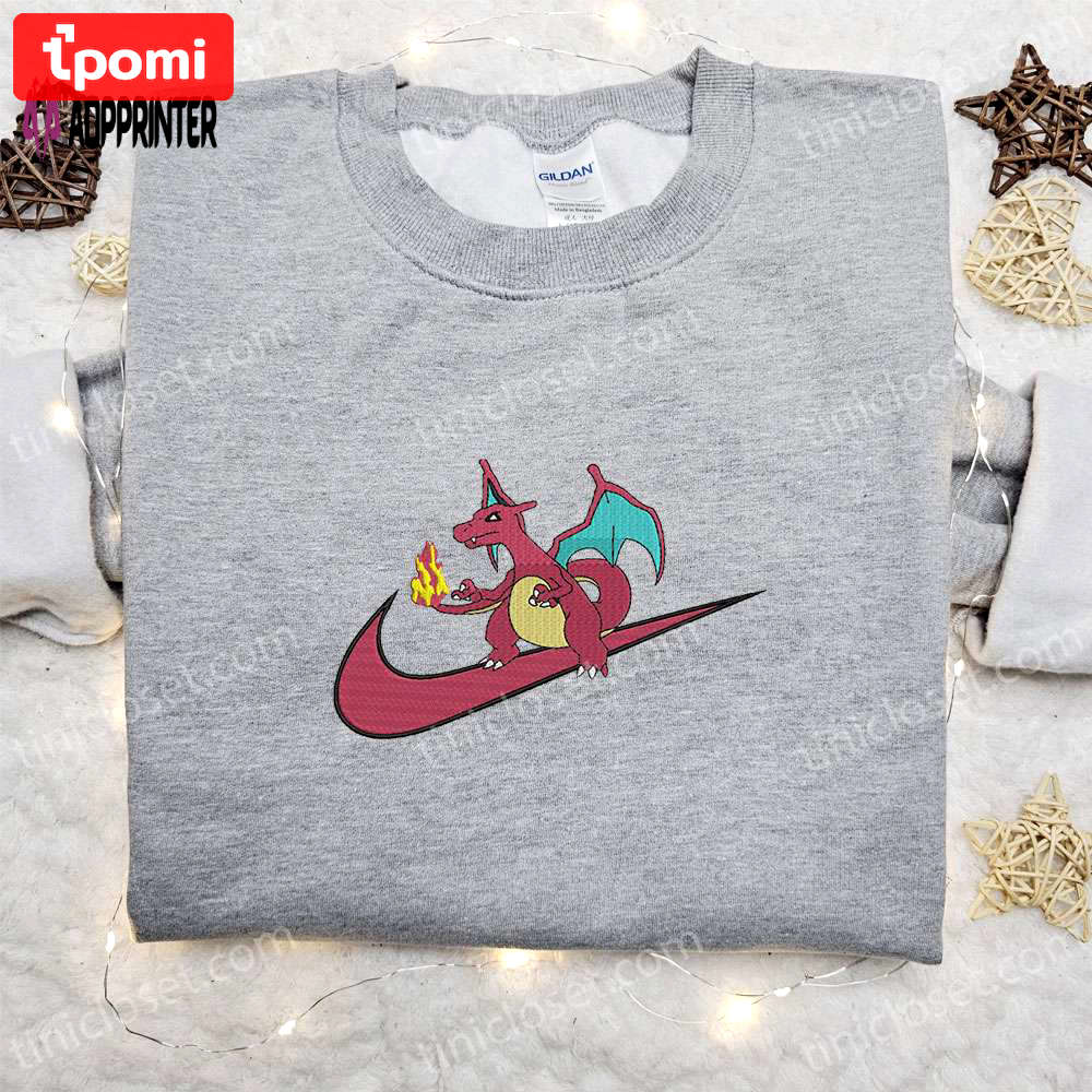 Charizard x nike anime sweatshirt: embroidered pokemon & nike inspired shirt Embroidered Shirt