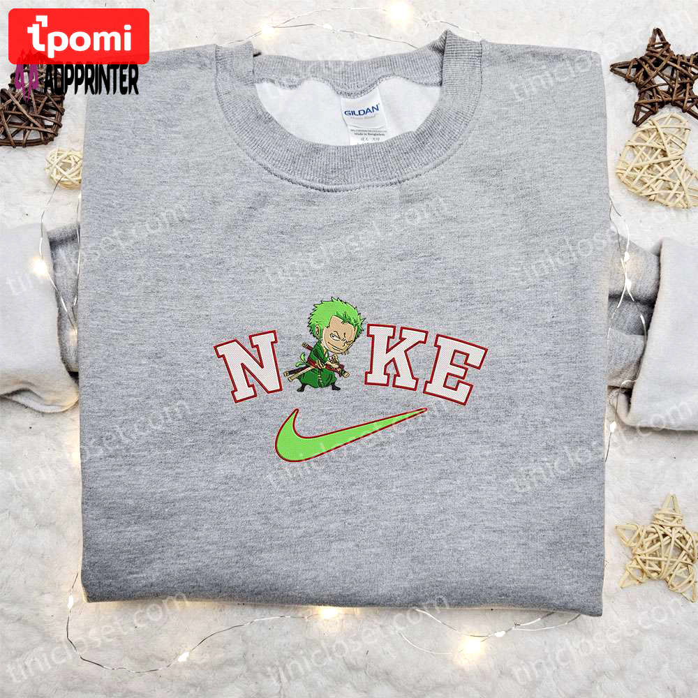 Chibi roronoa zoro x nike anime embroidered sweatshirt: one piece & nike inspired hoodie Embroidered Shirt