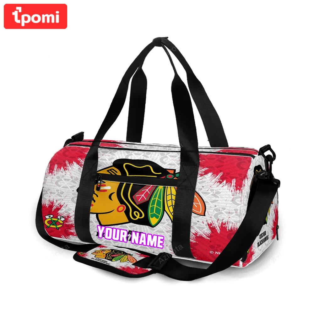 Chicago blackhawks emblem brush texture personalized name travel bag gym bag 541 Travel Bag