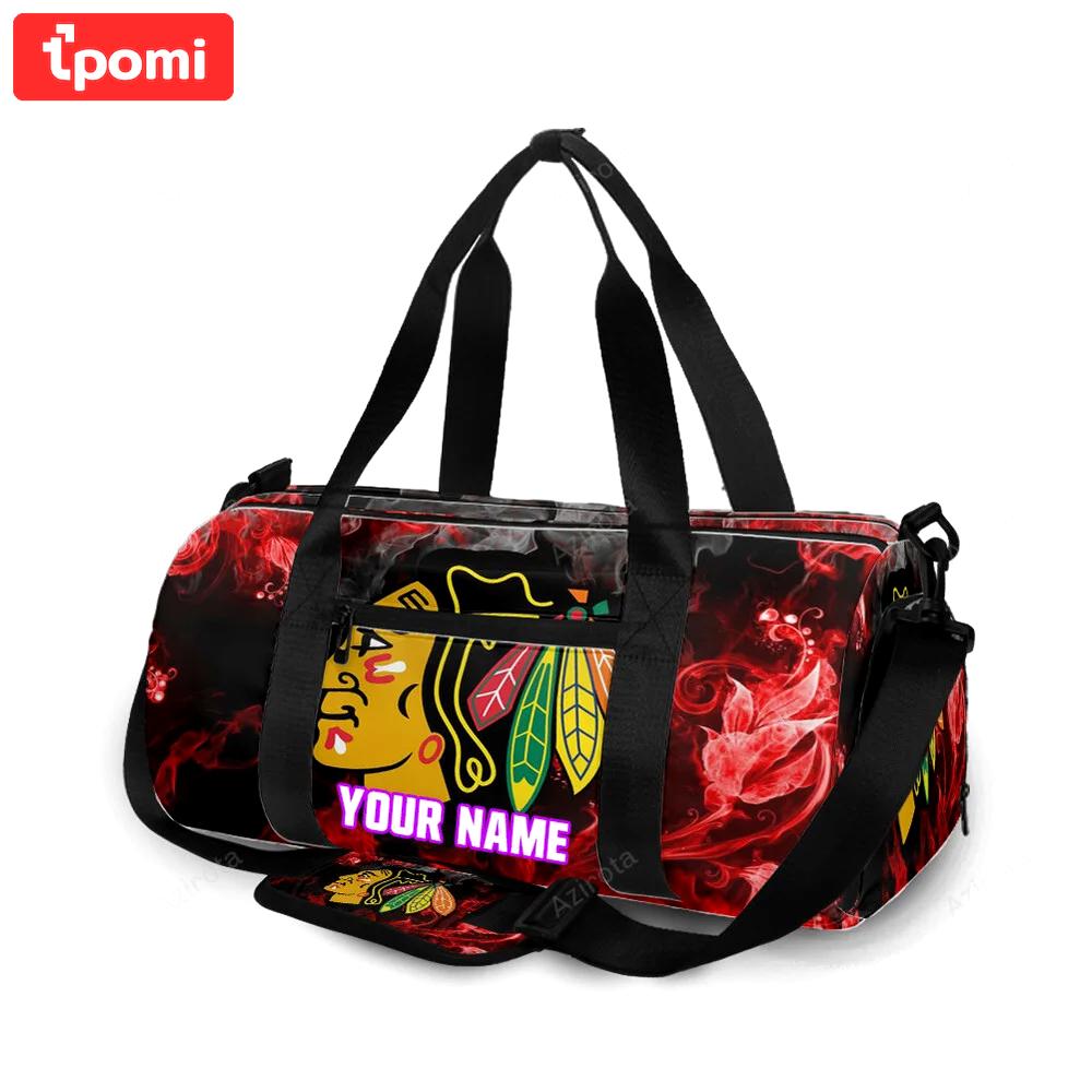 Chicago blackhawks emblem floral smoke personalized name travel bag gym bag 1503 Travel Bag