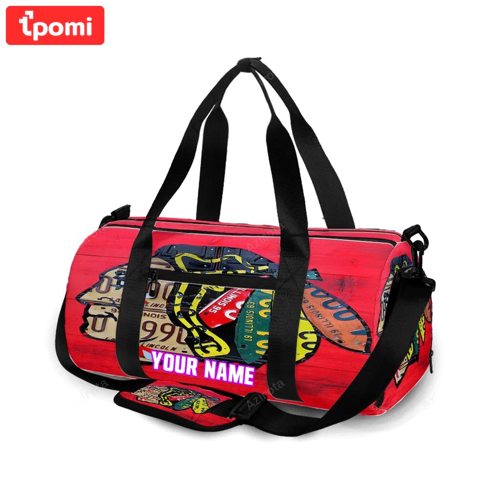 Chicago blackhawks emblem texture quote personalized name travel bag gym bag 26 Travel Bag