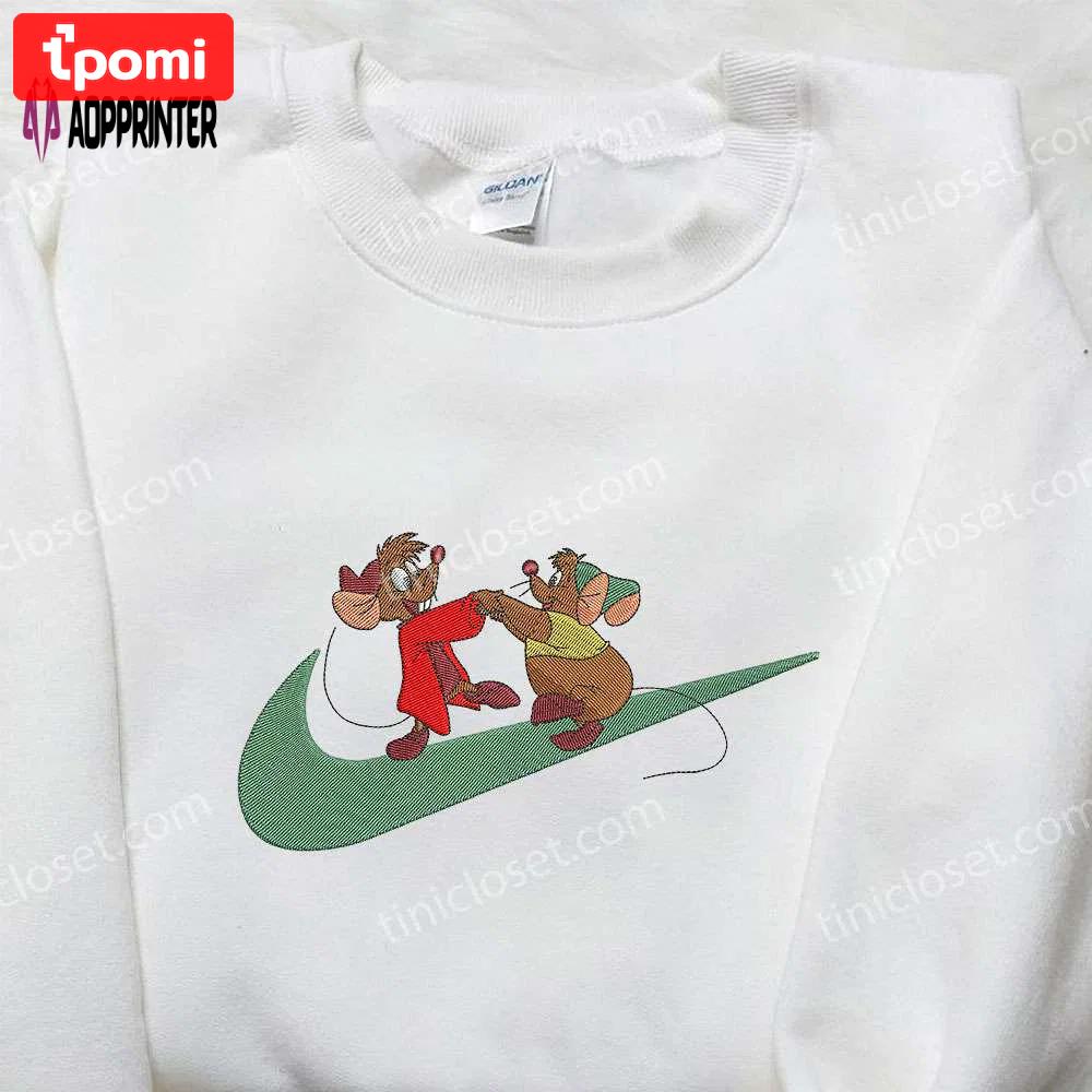 Cinderella jaq and gus x nike swoosh embroidered shirt – disney custom nike tee Embroidered Shirt
