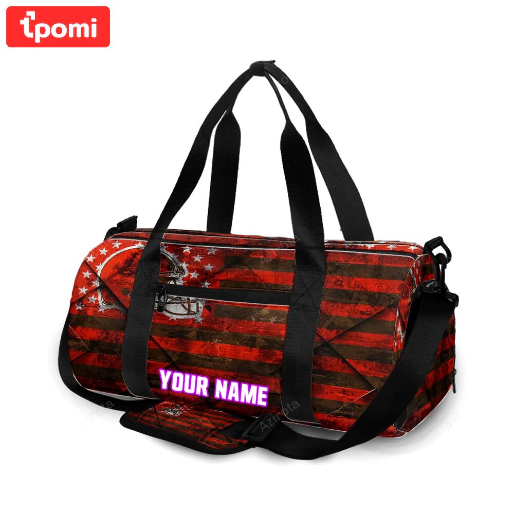 Cleveland browns logo with american flag vintage personalized name travel bag gym bag 1328 Travel Bag