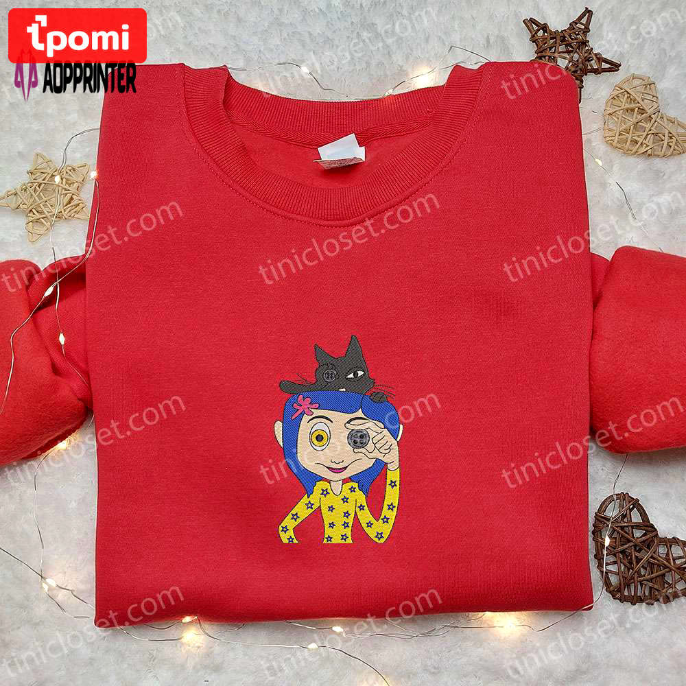 Coraline button eye & cat embroidered sweatshirt: best halloween gift ideas Embroidered Shirt