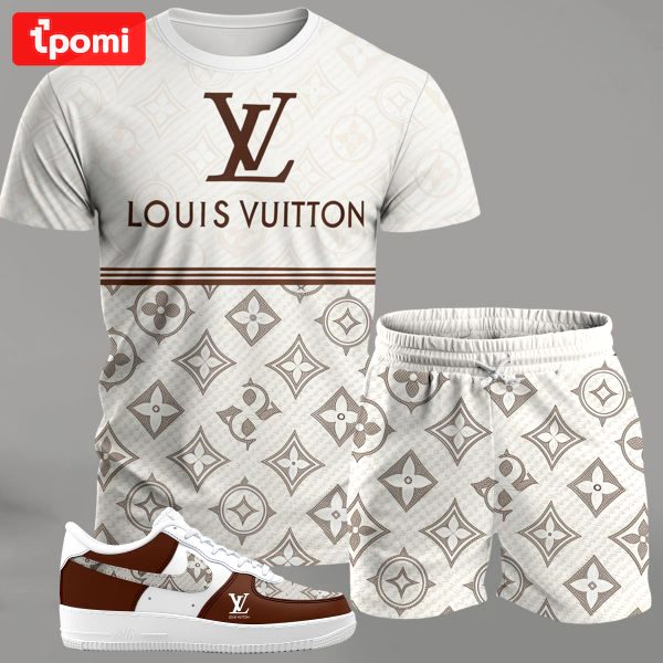 Cream monogram streetwear set for men, logo-print t-shirt and matching shorts with brown accent sneakers T-Shirt Short Sneakers Set