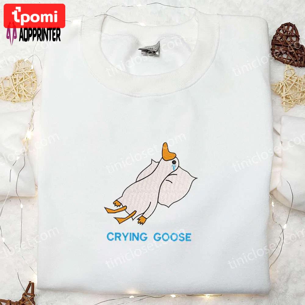 Crying silly goose embroidered shirt – funny animal design for a hilarious look Embroidered Shirt