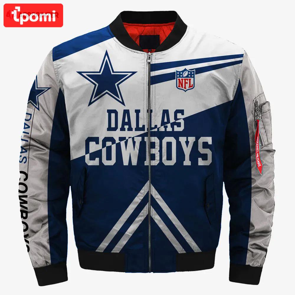 Dallas cowboys team logo pattern bomber jacket – blue and white Bomber Jacket