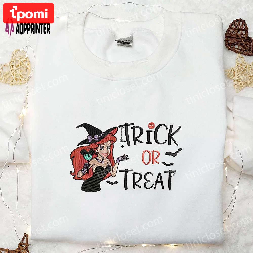 Disney ariel mermaid trick or treat embroidered shirt & sweatshirt – best halloween gifts ideas for family Embroidered Shirt