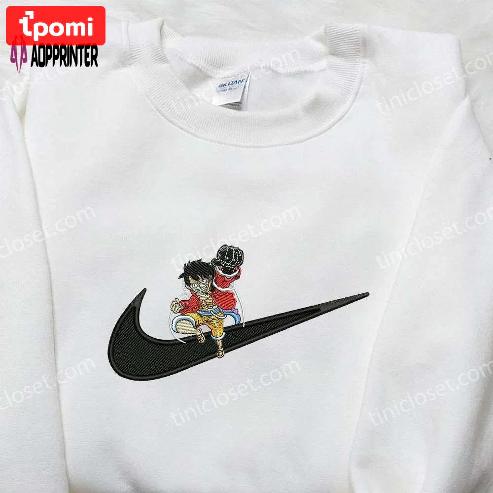 Exclusive monkey d luffy x nike swoosh shirt: cool anime embroidered tee Embroidered Shirt