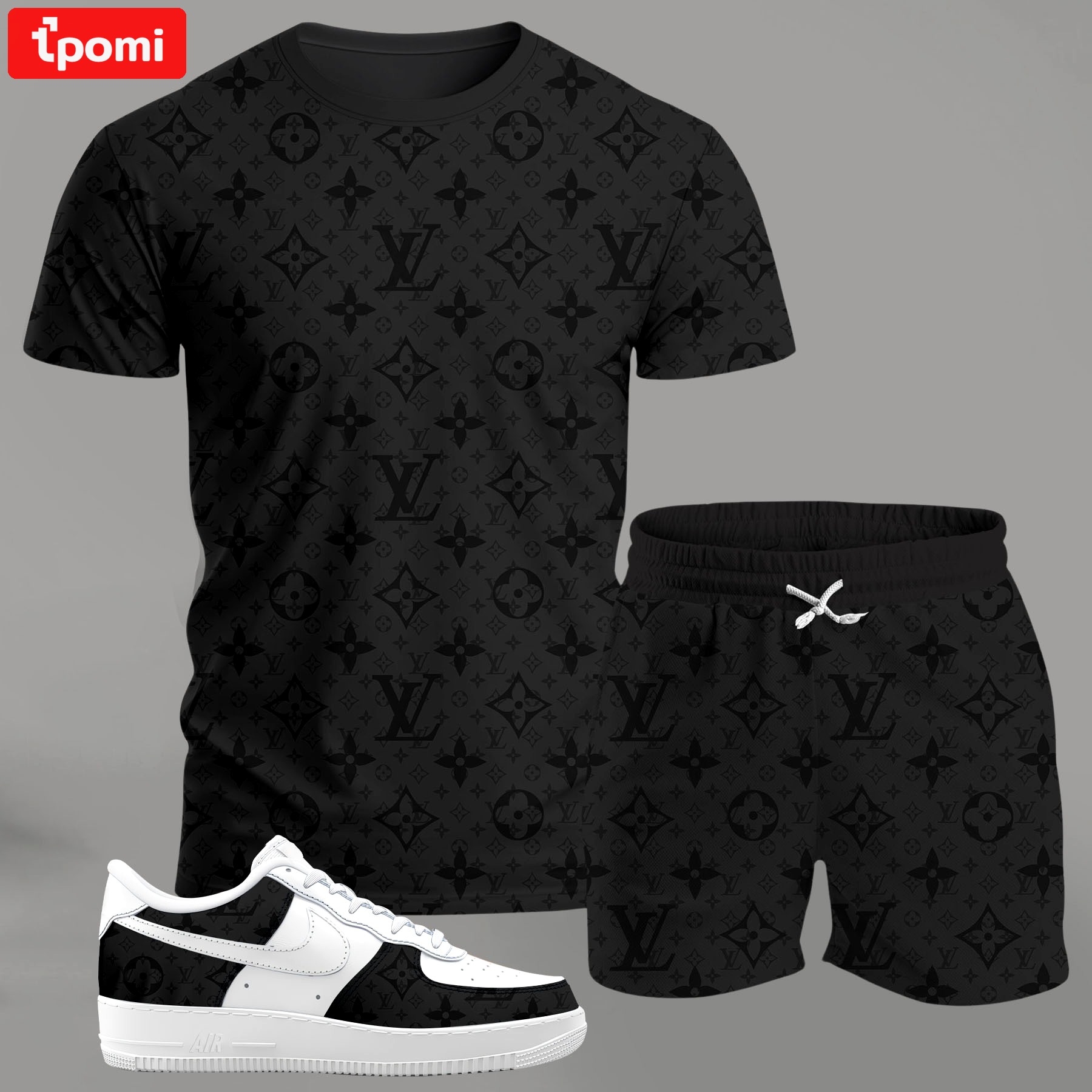 For the girls who love all-black minimal vibes, monogram graphic tee outfit t-shirt – dark tonal pattern | clean girl aesthetic outfit ideas T-Shirt Short Sneakers Set
