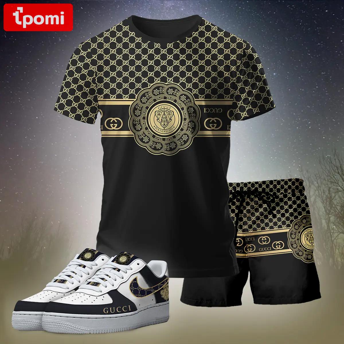 For the girls who love bold luxe black fits, minimal gold graphic tee outfit t-shirt – black monogram print | clean girl aesthetic outfit ideas T-Shirt Short Sneakers Set
