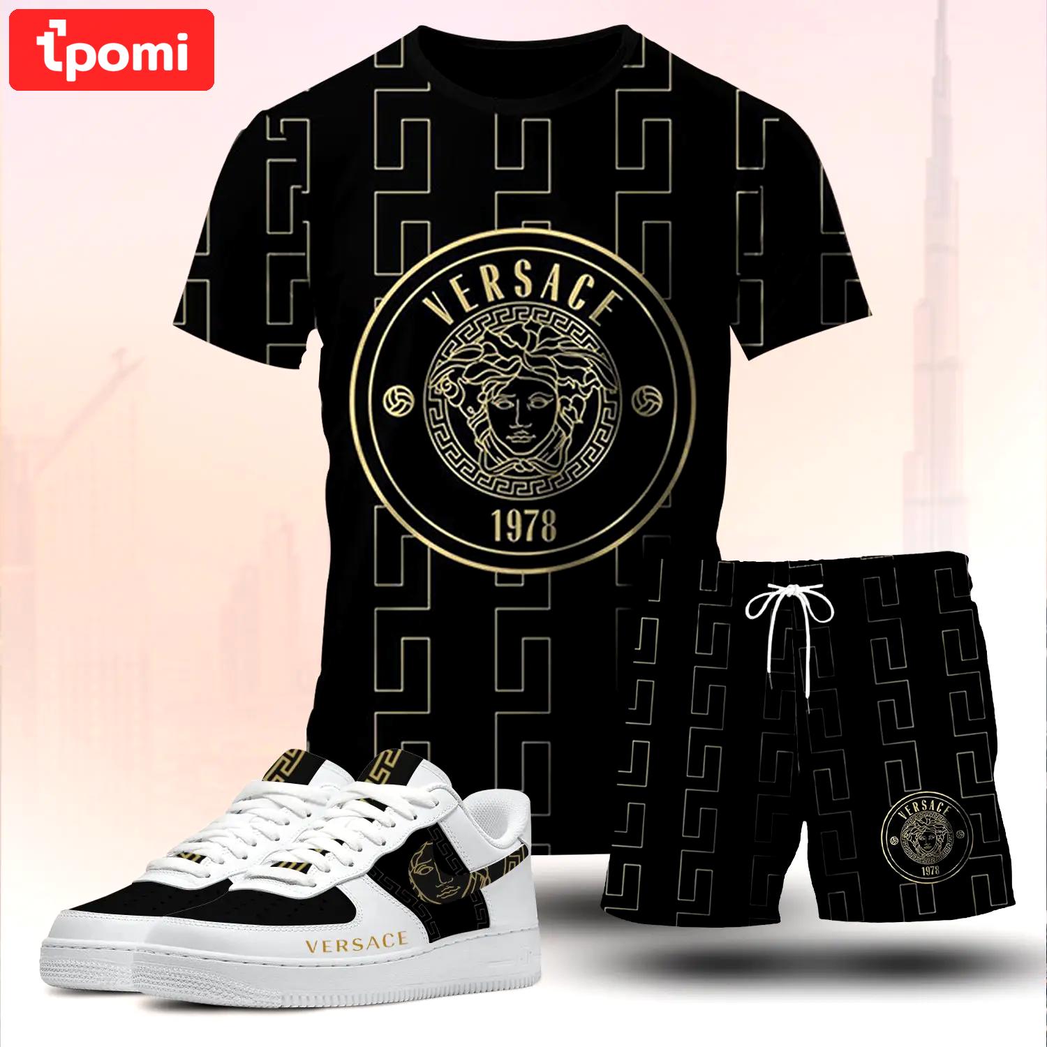 For the girls who love bold luxury streetwear, versace graphic tee set – black gold casual outfit with clean aesthetic T-Shirt Short Sneakers Set