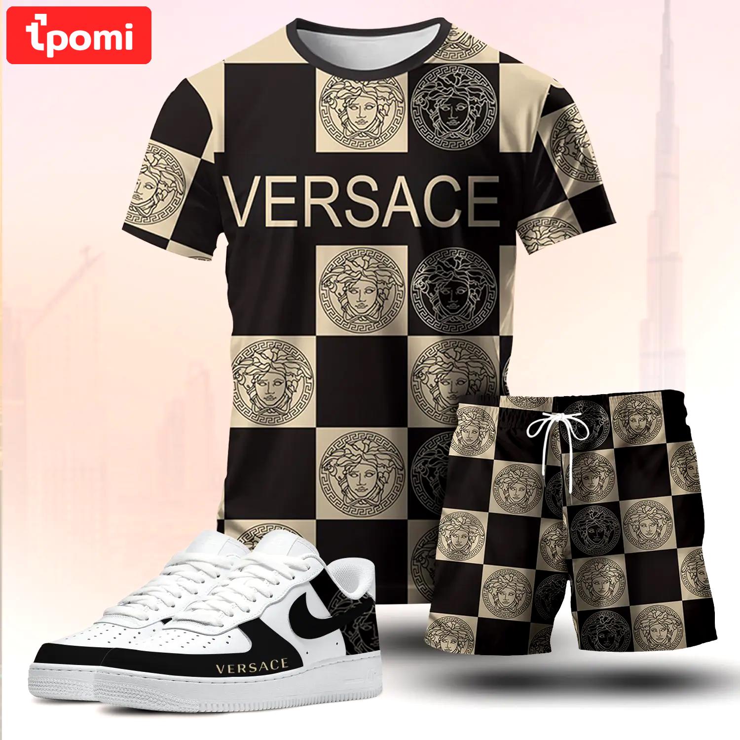 For the girls who love bold pattern streetwear, versace graphic tee set – black beige casual everyday outfit ideas T-Shirt Short Sneakers Set