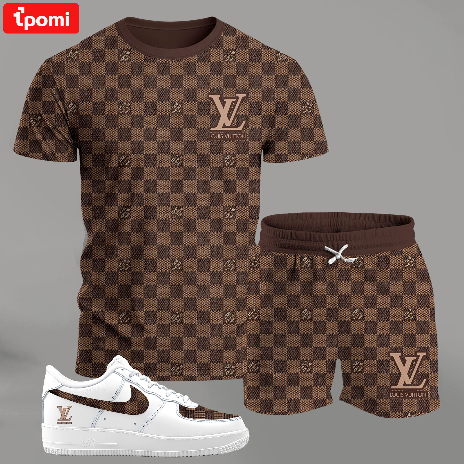 For the girls who love classic check patterns, brown all-over check outfit t-shirt set | minimal aesthetic everyday wear T-Shirt Short Sneakers Set