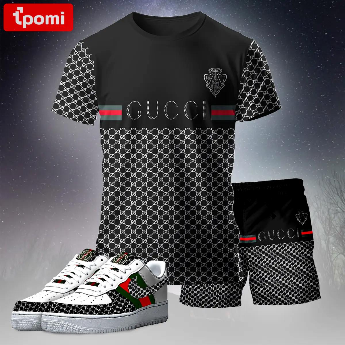 For the girls who love dark luxury streetwear, gucci graphic tee set – black casual everyday outfit with minimal edge T-Shirt Short Sneakers Set