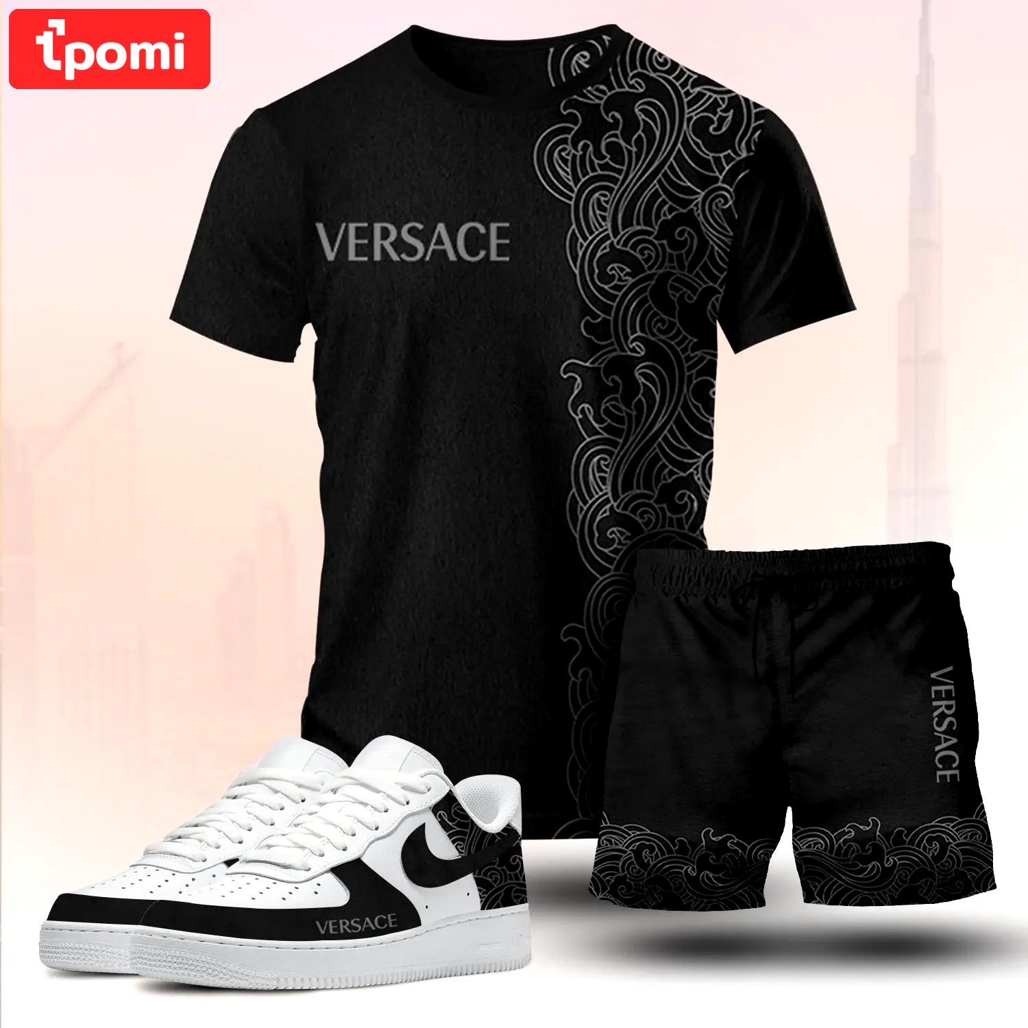 For the girls who love dark minimal streetwear, versace graphic tee set – black casual everyday outfit with luxury vibes T-Shirt Short Sneakers Set
