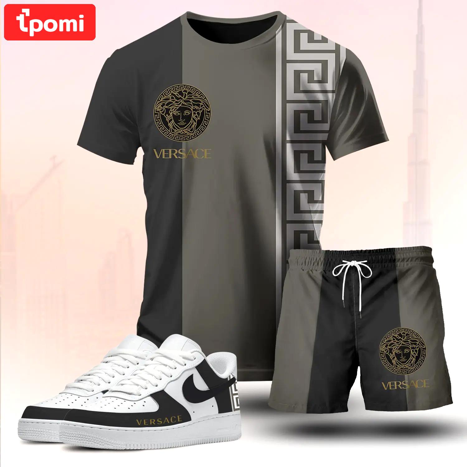 For the girls who love dark neutral balance, minimal split logo tee outfit t-shirt – black and olive graphic print | clean girl aesthetic outfit ideas T-Shirt Short Sneakers Set