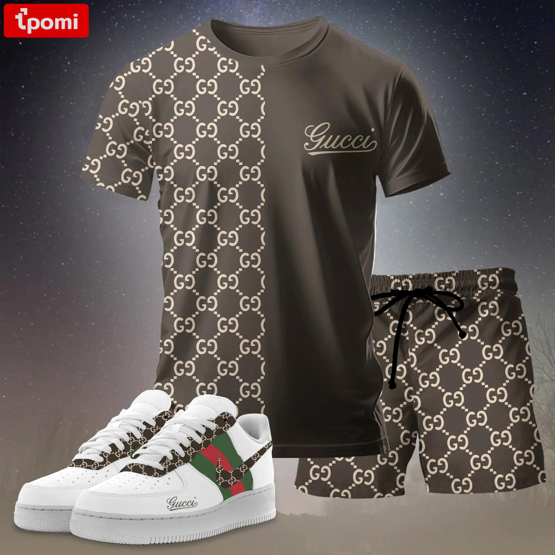 For the girls who love earthy neutral tones, minimal split monogram tee outfit t-shirt – brown and beige graphic print | casual everyday outfit aesthetic ideas T-Shirt Short Sneakers Set