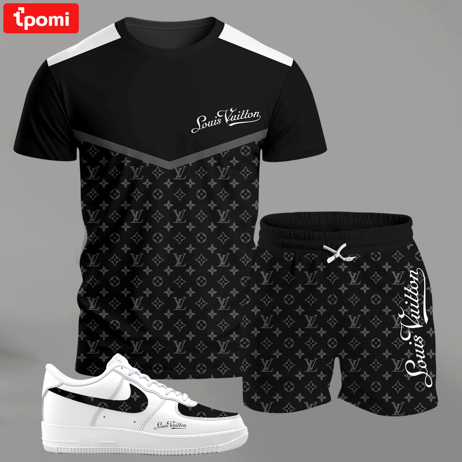 For the girls who love monochrome street style, black panel monogram outfit t-shirt set | minimal aesthetic everyday wear T-Shirt Short Sneakers Set