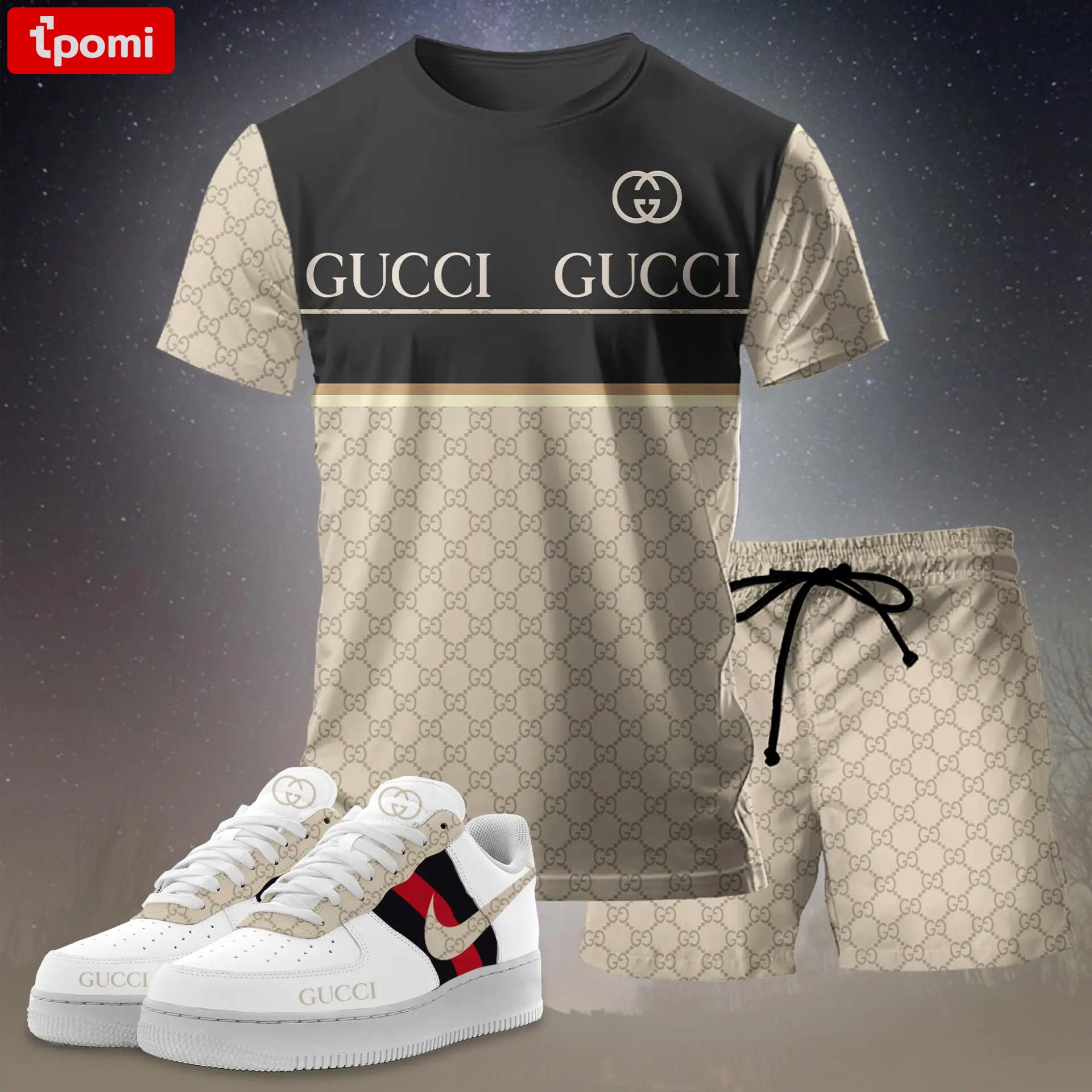 For the girls who love neutral contrast styling, minimal logo stripe tee outfit t-shirt – beige monogram and black panel | casual everyday outfit aesthetic ideas T-Shirt Short Sneakers Set