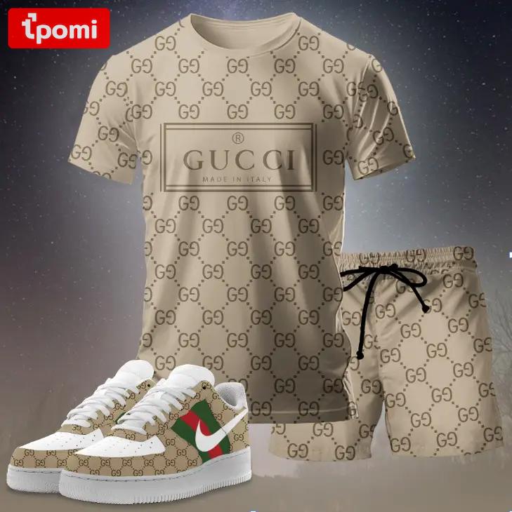 For the girls who love neutral designer vibes, minimal graphic tee outfit t-shirt – beige monogram logo print | casual everyday outfit aesthetic ideas T-Shirt Short Sneakers Set