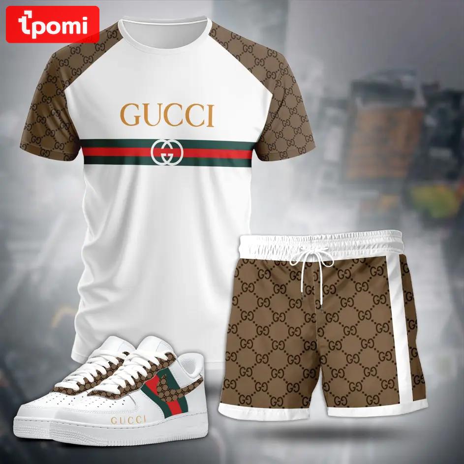 For the girls who love neutral sporty balance, minimal logo stripe tee outfit t-shirt – white with beige monogram sleeves | casual everyday outfit aesthetic ideas T-Shirt Short Sneakers Set