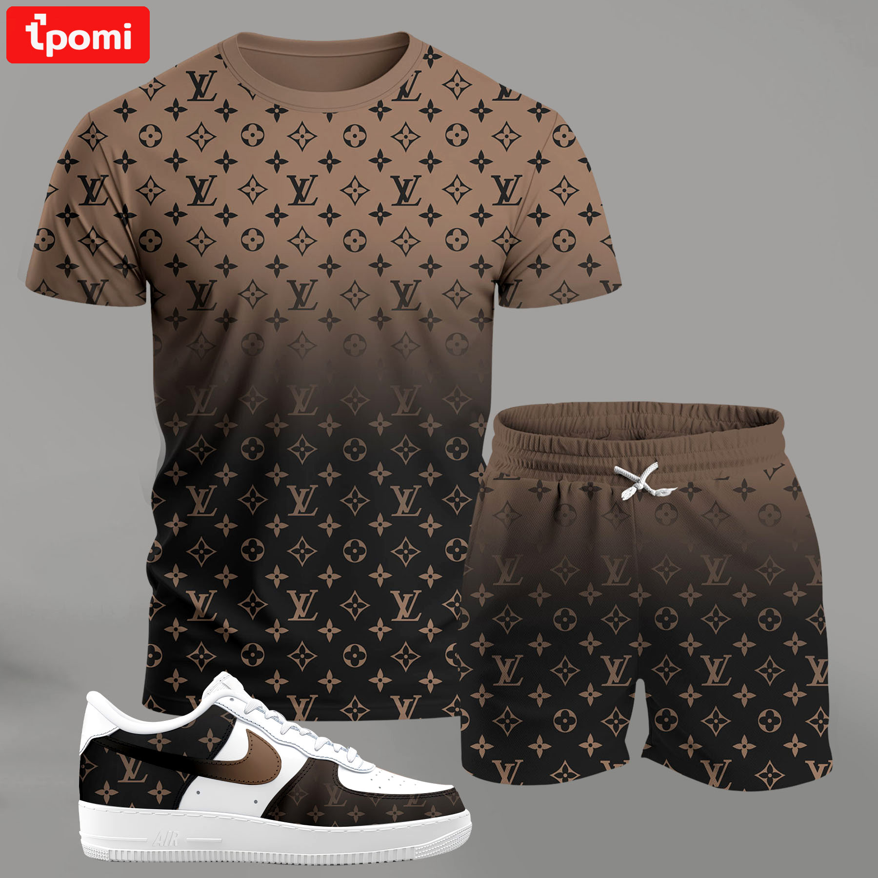 For the girls who love neutral tones, brown gradient monogram outfit t-shirt set | minimal aesthetic everyday wear T-Shirt Short Sneakers Set