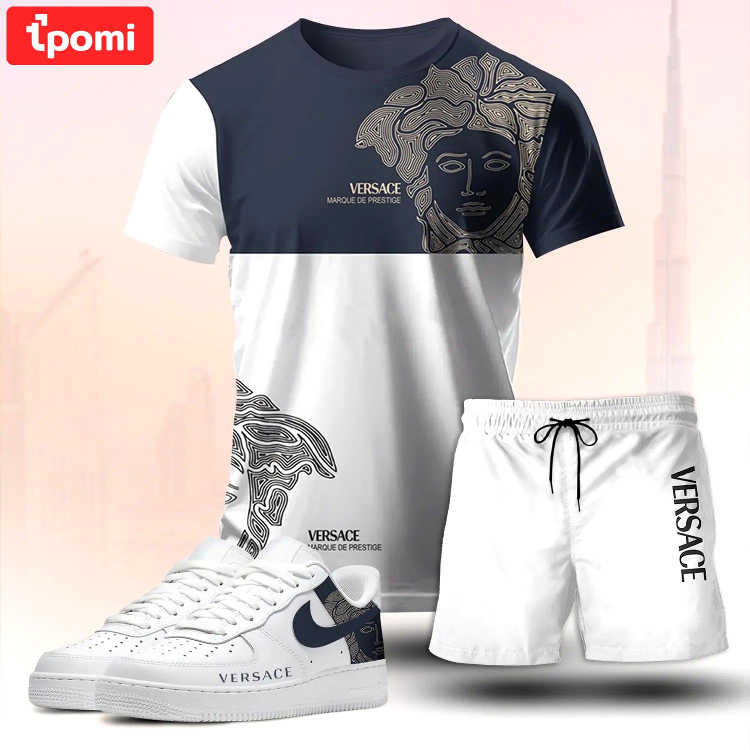 For the girls who love quiet luxury style, versace graphic tee set – navy white casual everyday outfit ideas T-Shirt Short Sneakers Set