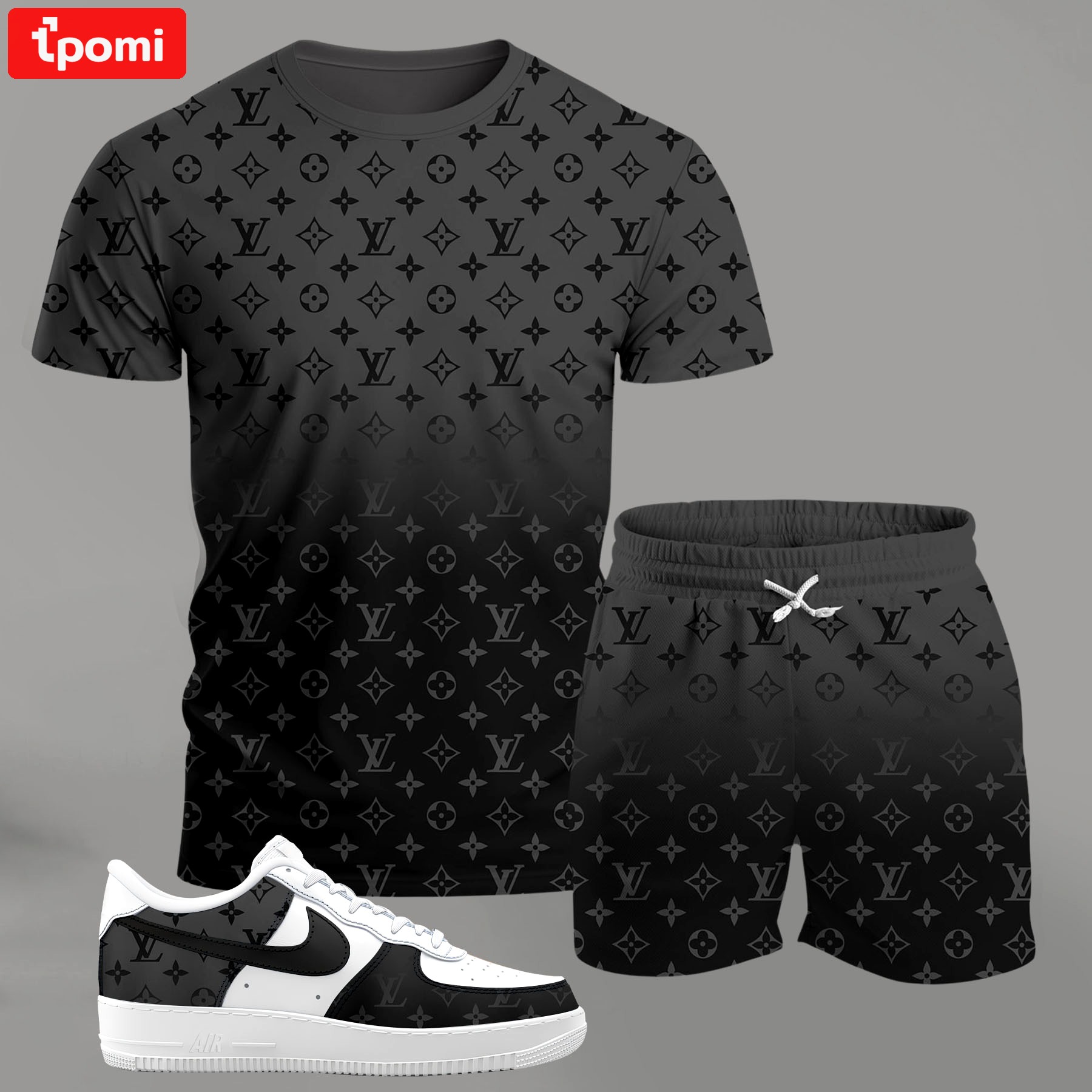 For the girls who love sleek monochrome streetwear, all-over pattern black gradient outfit t-shirt set | minimal aesthetic everyday wear T-Shirt Short Sneakers Set