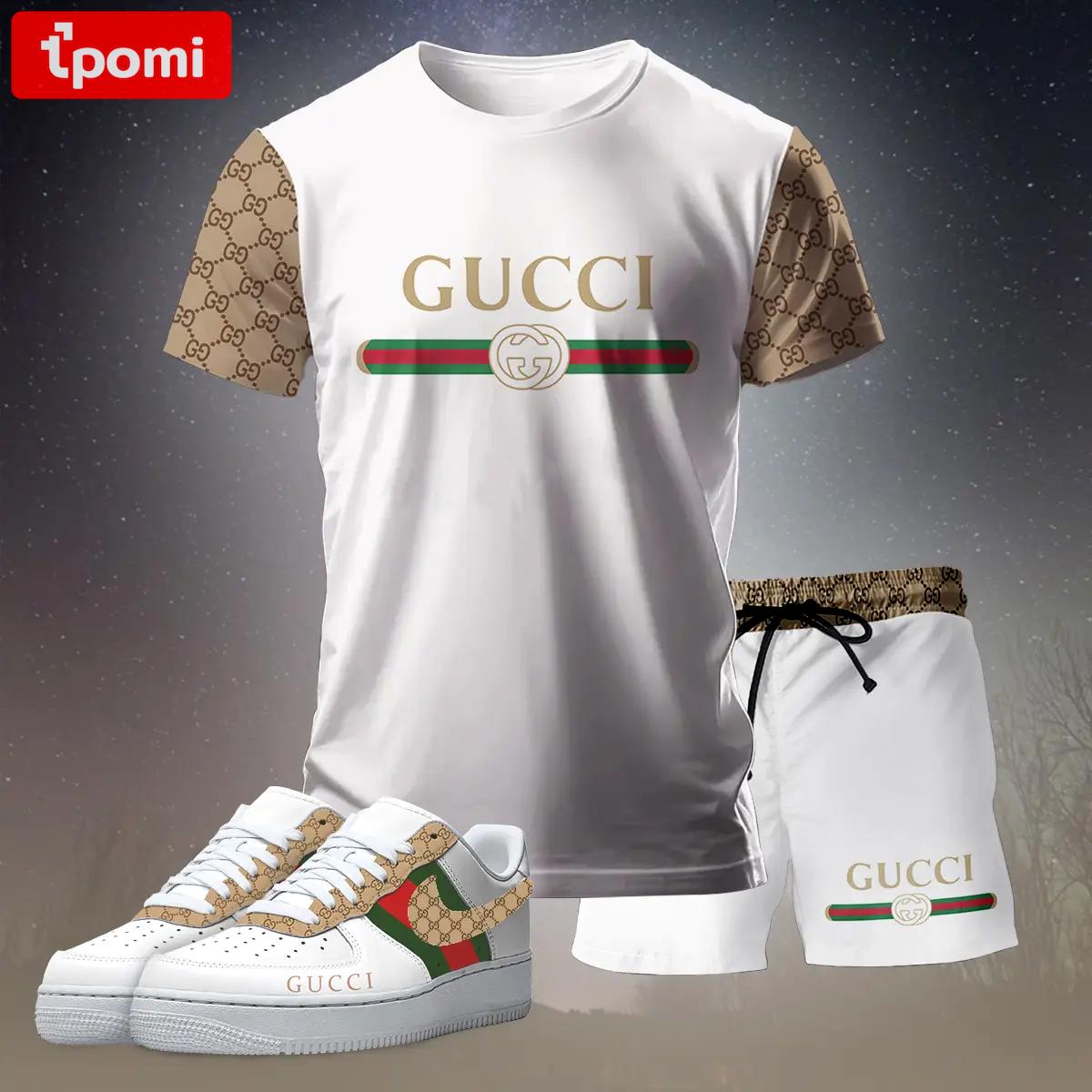 For the girls who love soft luxury style, gucci graphic tee set – white minimal casual everyday outfit ideas T-Shirt Short Sneakers Set