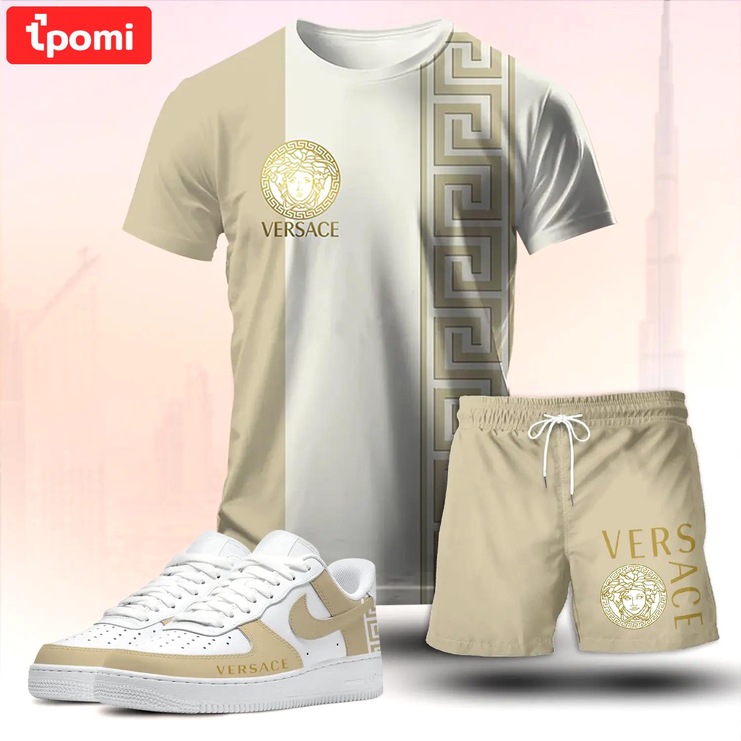 For the girls who love soft neutral luxury vibes, minimal graphic tee outfit t-shirt – beige split tone logo print | clean girl aesthetic outfit ideas T-Shirt Short Sneakers Set