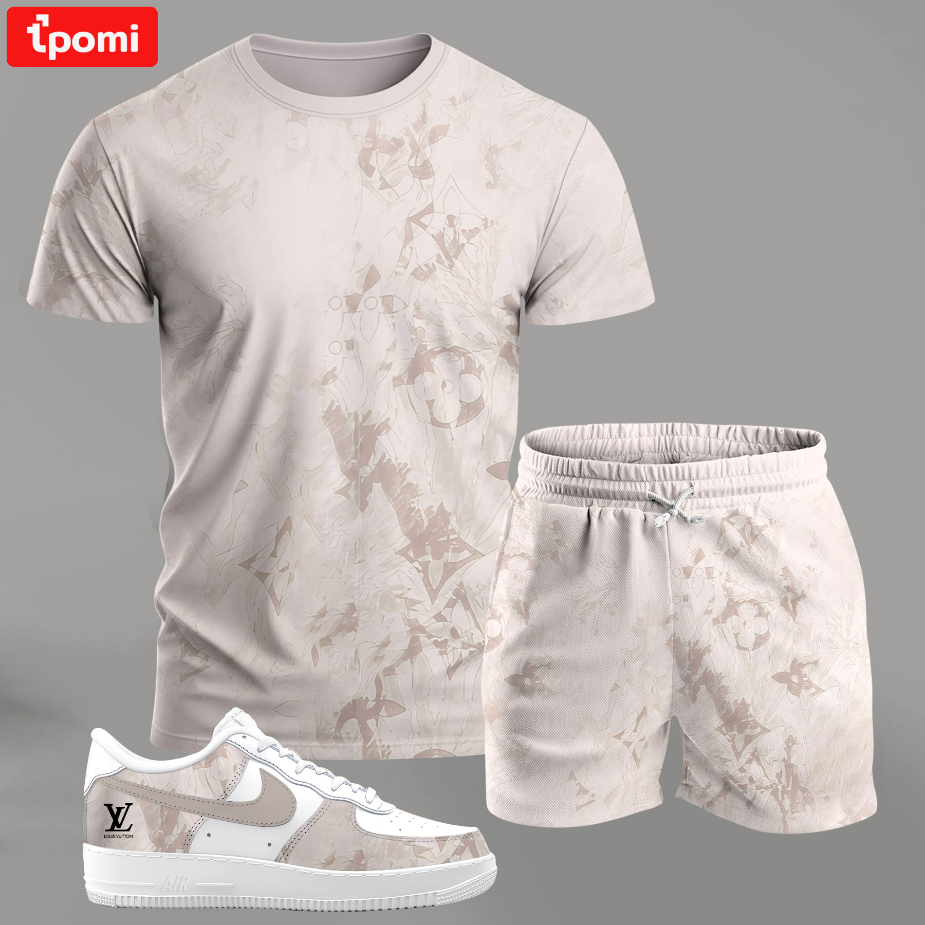 For the girls who love soft neutral tones, beige abstract pattern outfit t-shirt set | minimal aesthetic everyday wear T-Shirt Short Sneakers Set